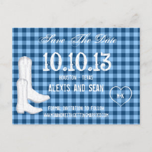 Carte Postale Faire-part Bottes de cowboy bleu à carreaux gingham save the 