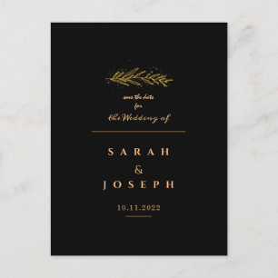 Carte Postale Faire-part Boucles de feuilles d'or éclaboussant Mariage noir