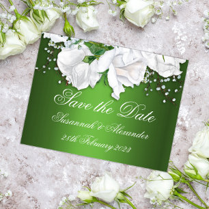 Carte Postale Faire-part Bouquet de rose blanche et Mariage vert métallique