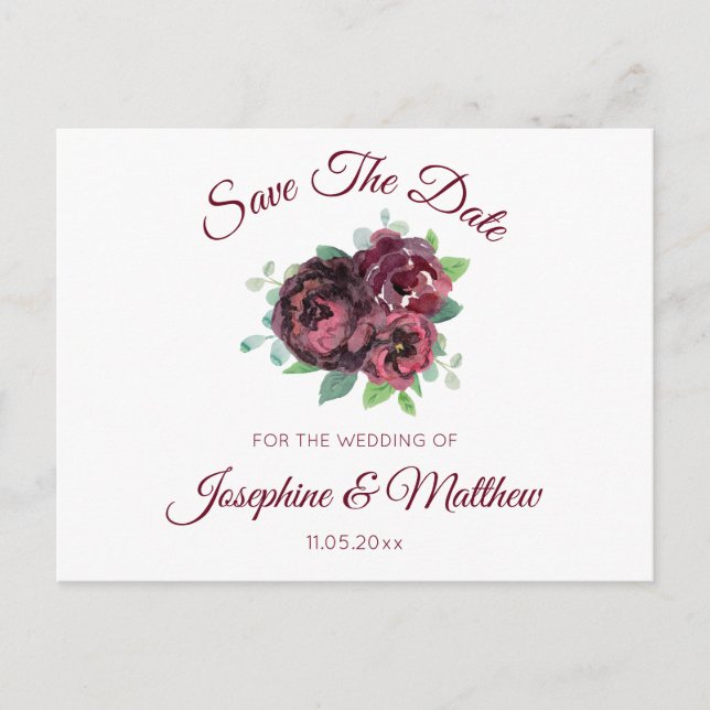 Carte Postale Faire-part Bouquet de Rose de Bourgogne Enregistrer la Date (Devant)
