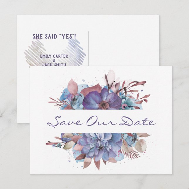 Carte Postale Faire-part Bouquet Floral Aquarelle Enregistrer la Date (Devant / Derrière)