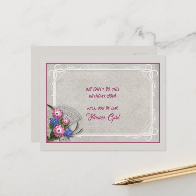 Carte Postale Faire-part Bouquet floral rose gris Fille (Devant/Arrière en situation)