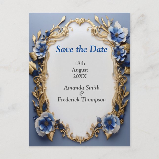 Carte Postale Faire-part Bouquets de Silky Blue-White et Gold Edges (Devant)