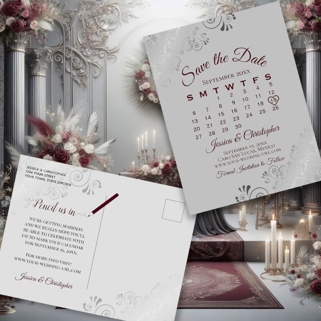 Carte Postale Faire-part Bourgogne en mariage gris Enregistrer la date Cale (Front/Back)