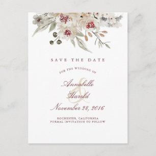 Carte Postale Faire-part Bourgogne et fleurs blanches Save the Date