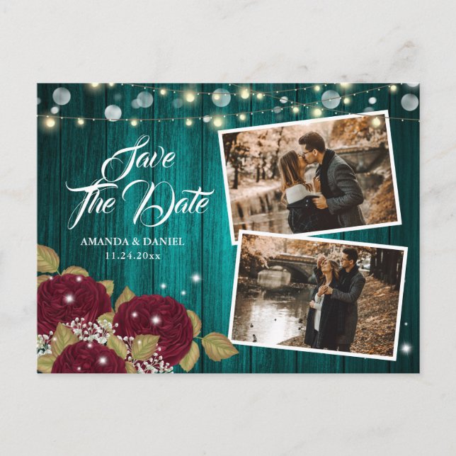 Carte Postale Faire-part Bourgogne et Turquoise Enregistrer la date Photo C (Devant)