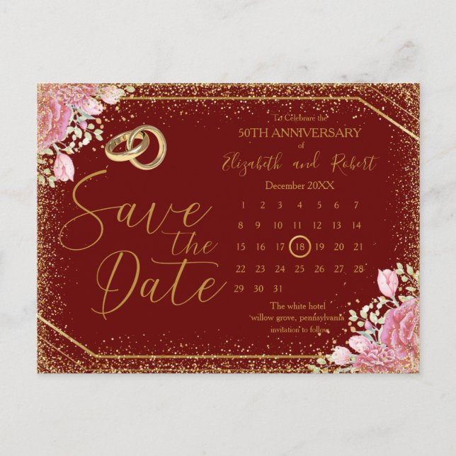 Carte Postale Faire-part Bourgogne Floral Gliter Anniversaire Enregistrer L (Devant)