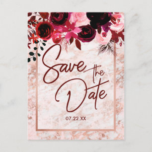 Carte Postale Faire-part Bourgogne Floral & Rose Gold Wedding Enregistrer l