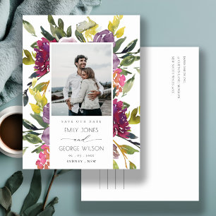 CARTE POSTALE FAIRE-PART BOURGOGNE PURPLE ROSE VERT FLORAL SAUVER LA DATE