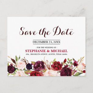 Carte Postale Faire-part Bourgogne Rouge Floral Rustique Bohème Save the Da