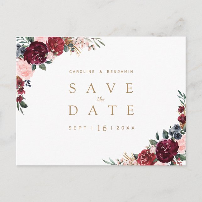 Carte Postale Faire-part Bourgogne rustique boho floral enregistrer la date (Devant)