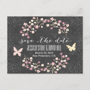 Carte Postale Faire-part Bouton & Fleurs de tableau noir Enregistrer la dat