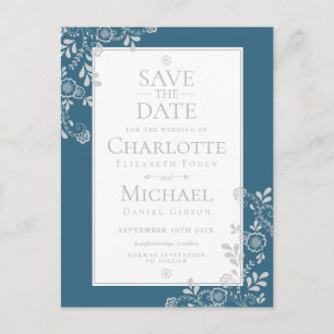 Carte Postale Faire-part Broderie Florale Bleu Argent Épargnez la Date
