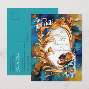 Carte Postale Faire-part Bronze abstrait, style baroque bleu doré