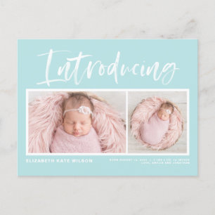 Carte Postale Faire-part Brush Calligraphy Light Blue Photo Collage Birth