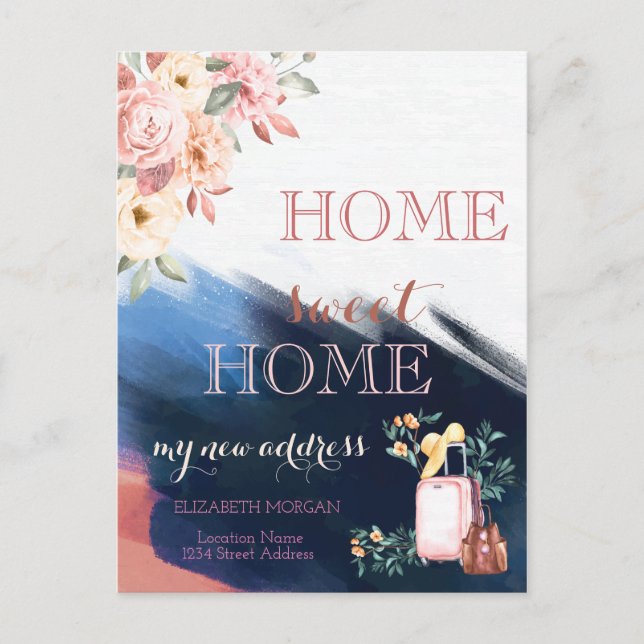 Carte Postale Faire-part Brush Stroke, Valise Florale Nouvelle Adresse (Devant)