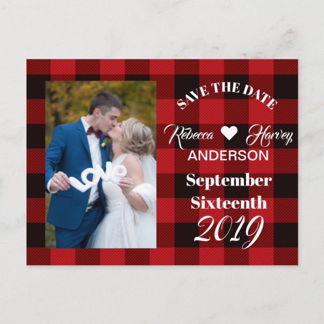 Carte Postale Faire-part buffalo plaid mariage rustique d'hiver enregistrer (Devant)