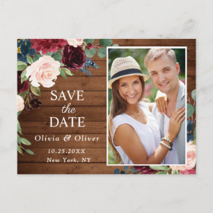 Carte Postale Faire-part Burgundy Bleu Blush Mariage rustique Enregistrer l