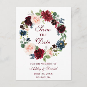Carte Postale Faire-part Burgundy Blue Floral Wreath Enregistrer la date