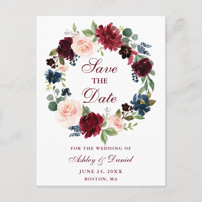 Carte Postale Faire-part Burgundy Blue Floral Wreath Enregistrer la date (Devant)