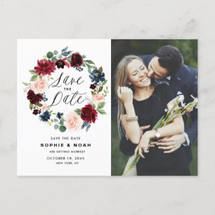 Carte Postale Faire-part Burgundy & Blue Floral Wreath Photo Enregistrer la
