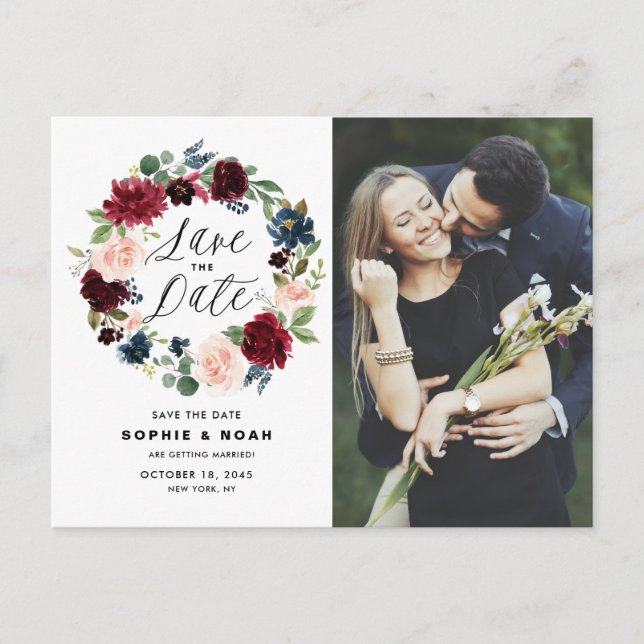 Carte Postale Faire-part Burgundy & Blue Floral Wreath Photo Enregistrer la (Devant)