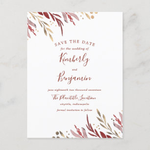 Carte Postale Faire-part Burgundy et Gold Elegant Branches Enregistrer la d