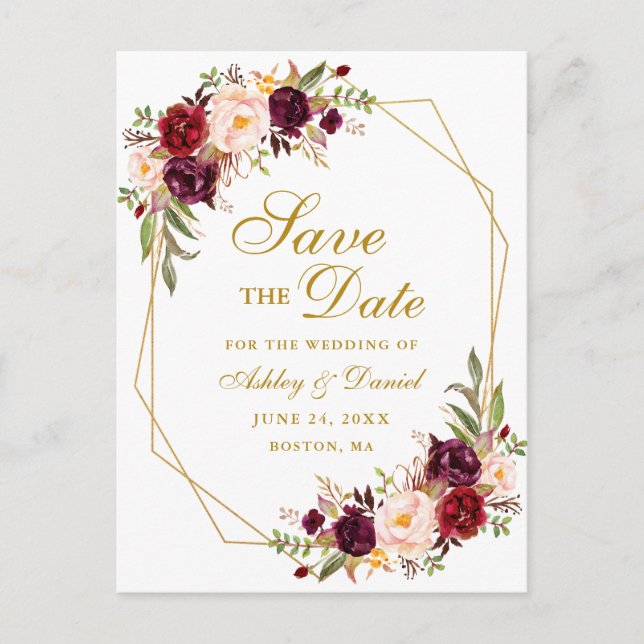 Carte Postale Faire-part Burgundy Floral Gold Frame Enregistrer la date (Devant)