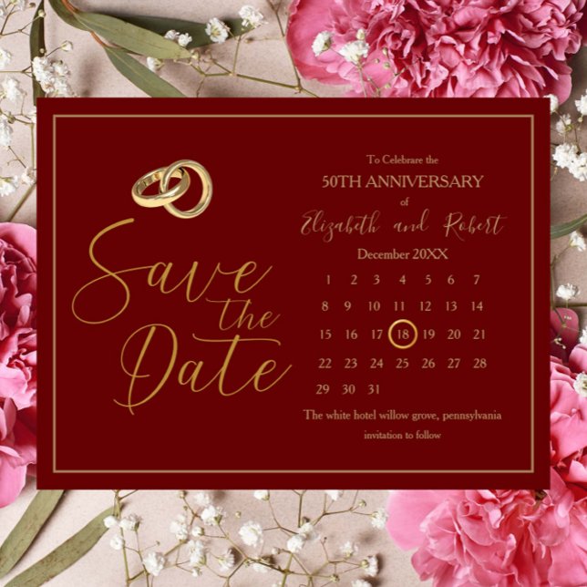 Carte Postale Faire-part Burgundy Gold 50e Anniversaire Enregistrer La Date (Créateur téléchargé)