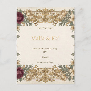 Carte Postale Faire-part Burgundy Gold Floral Enregistrer la Date