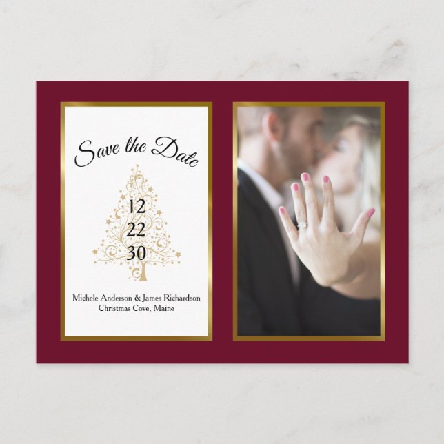 Carte Postale Faire-part Burgundy Gold Winter Wedding Enregistrer La Date P (Devant)