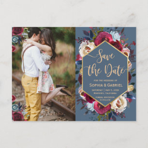 Carte Postale Faire-part Burgundy Marine Floral sur Bleu Photo Enregistrer 