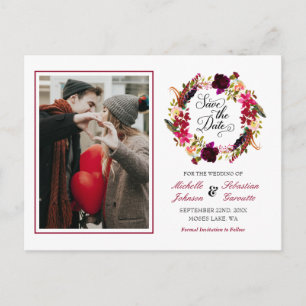 Carte Postale Faire-part Burgundy Marsala Rustic Photo Floral Enregistrer l