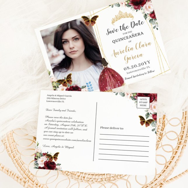 Carte Postale Faire-part Burgundy Rouge Fleurs de Quinceañera en Photo S (Créateur téléchargé)