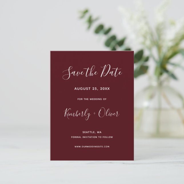 Carte Postale Faire-part Burgundy Simple Calligraphie Mariage moderne (Debout devant)