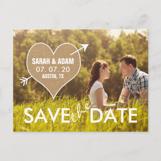 Carte Postale Faire-part Burlap Heart | Rustique Enregistrer la date (Devant)