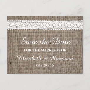 Carte Postale Faire-part Burlap Rustique & Dentelle Blanche Vintage Enregis