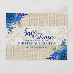 Carte Postale Faire-part Burlap Rustique Royal Blue Floral Sauvez la date