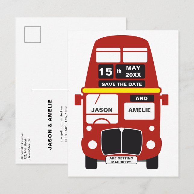 Carte Postale Faire-part Bus de Londres pour le mariage à l'avance (Devant / Derrière)