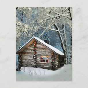 Carte Postale Faire-part Cabane en rondins rustique magie de l'hiver