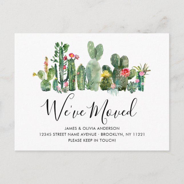 Carte Postale Faire-part Cactus Aquarelle Élégante Nous Avons Déménagé Nouv (Devant)