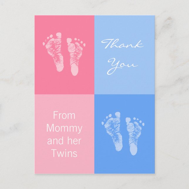 Carte Postale Faire-part Cadeau Baby Shower Jumeaux Garçon Fille Empreintes (Devant)