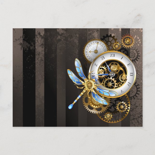Carte Postale Faire-part Cadran Steampunk avec Libellule (Devant)