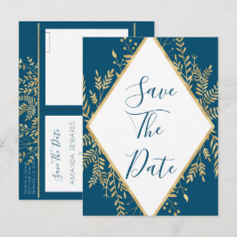Carte Postale Faire-part Cadre Bleu et Or Mariage Moderne
