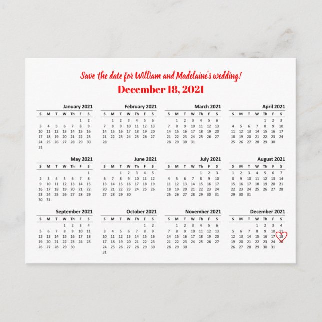 Carte Postale Faire-part Calendrier 2021 Enregistrer la date du cœur (Devant)