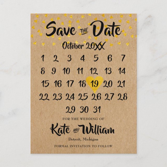 Carte Postale Faire-part Calendrier cardiaque Boho rustique Photo Enregistr (Devant)
