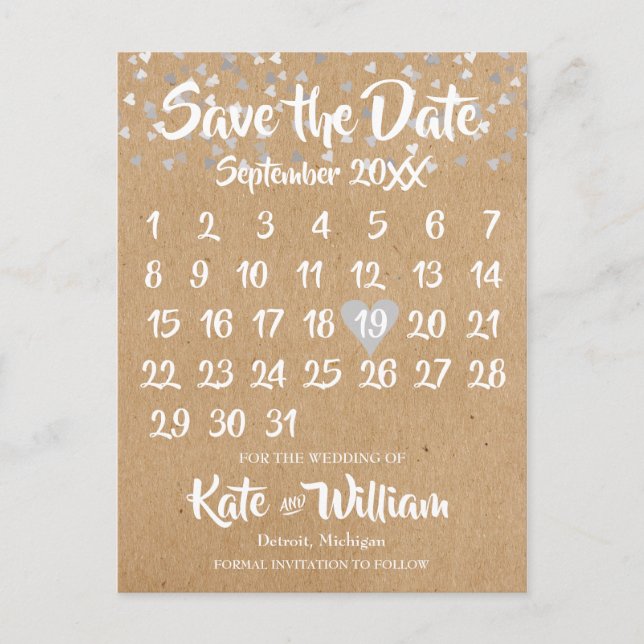 Carte Postale Faire-part Calendrier cœur d'amour en argent rustique Enregis (Devant)