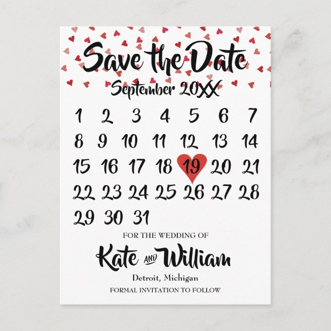 Carte Postale Faire-part Calendrier Cœur d'Amour Rouge Rubis Save the Date (Devant)