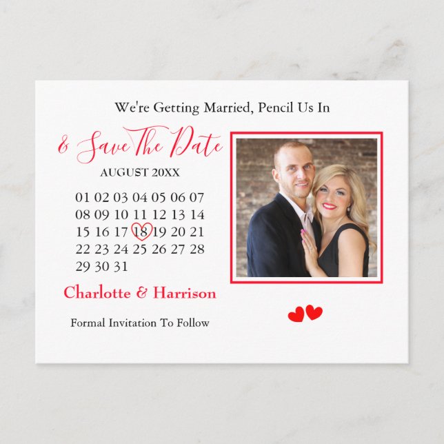 Carte Postale Faire-part Calendrier Coeur Mariage Enregistrer La Date Photo (Devant)