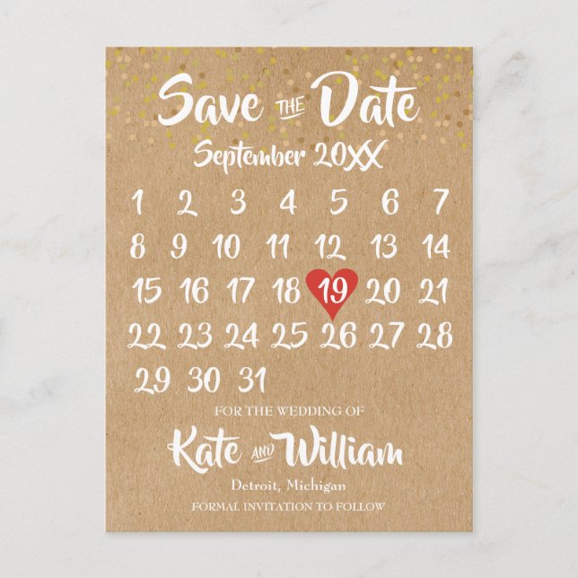 Carte Postale Faire-part Calendrier Coeur Rouge Rustique Kraft Enregistrer  (Devant)